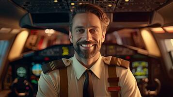 en självsäker manlig pilot i enhetlig förvaring vapen korsade och leende medan stående inuti av de flygplan. generativ ai foto