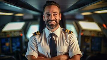 en självsäker manlig pilot i enhetlig förvaring vapen korsade och leende medan stående inuti av de flygplan. generativ ai foto