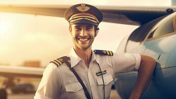 glad piloter, en ung man flygbolag arbetstagare rörande kapten hatt och leende medan stående i flygfält med flygplan på bakgrund. generativ ai foto