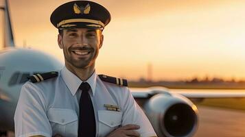 glad piloter, en ung man flygbolag arbetstagare rörande kapten hatt och leende medan stående i flygfält med flygplan på bakgrund. generativ ai foto