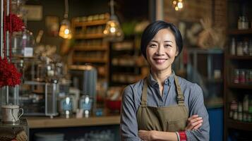 porträtt av Lycklig asiatisk kvinna stående på dörröppning av henne Lagra. glad mogna servitris väntar för klienter på kaffe affär. små företag ägare. generativ ai foto