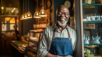 porträtt av Lycklig afrikansk amerikan man stående på dörröppning av henne Lagra. glad mogna servitris väntar för klienter på kaffe affär. små företag ägare. generativ ai foto