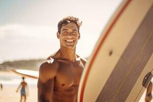 glad man med en surfingbräda på de strand. surfa. generaiv ai foto