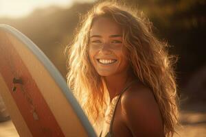 glad kvinna med en surfingbräda på de strand. surfa. generaiv ai foto