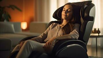 en affärskvinna är avkopplande på henne massage stol i de levande rum medan tupplur. elektrisk massage stol. generativ ai foto