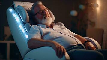 en senior man är avkopplande på henne massage stol i de levande rum medan tupplur. elektrisk massage stol. generativ ai foto