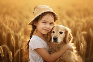 en liten flicka kramas gyllene hund i de fält i sommar dag tillsammans. söt barn med vovve sällskapsdjur porträtt på natur i de morgon. glad. generativ ai foto