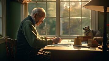 en senior man sitter förbi de fönster av han Hem i de morgon- skrivning en notera på han skrivbord talande henne pensionering berättelse. generativ ai foto