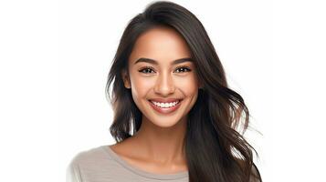 en skön ung asiatisk indisk modell kvinna leende med rena tänder isolerat på vit bakgrund. generativ ai foto