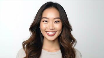 en skön ung asiatisk ung kvinna leende med rena tänder isolerat på vit bakgrund. generativ ai foto