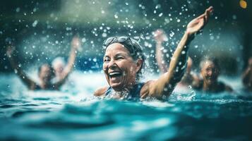 övning i vatten, aktiva senior kvinnor njuter aqua passa klass i en slå samman, visning glädje och kamratskap, förkroppsligande en friska, pensionerad livsstil. generativ ai foto