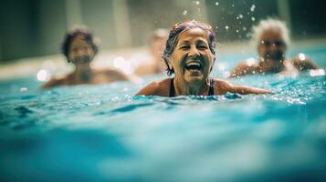 övning i vatten, aktiva senior kvinnor njuter aqua passa klass i en slå samman, visning glädje och kamratskap, förkroppsligande en friska, pensionerad livsstil. generativ ai foto