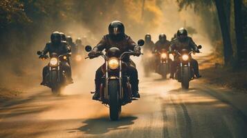 grupp av vänner motorcykel ryttare ridning tillsammans. generativ ai foto