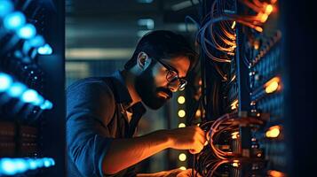 en manlig nätverk ingenjör ansluter kablar i server skåp medan arbetssätt med superdator i data Centrum. generativ ai foto
