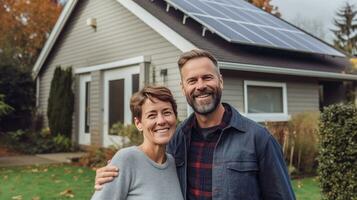 en Lycklig par står leende i främre av en stor hus med sol- paneler installerat. generativ ai foto