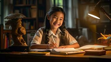 leende asiatisk barn skola flicka håller på med läxa medan Sammanträde på skrivbord på Hem. generativ ai foto