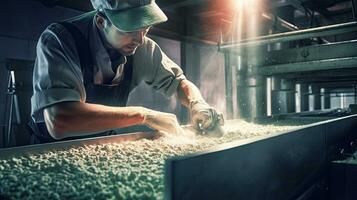 en arbetstagare kontroller socker på produktion linje i en socker fabrik. generativ ai foto