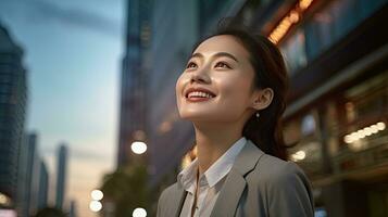 Lycklig asiatisk affärskvinna stående i stor stad modern skyskrapor gata på solnedgång tänkande av framgångsrik syn, drömma av ny investering möjligheter. generativ ai foto