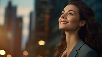 Lycklig affärskvinna stående i stor stad modern skyskrapor gata på solnedgång tänkande av framgångsrik syn, drömma av ny investering möjligheter. generativ ai foto