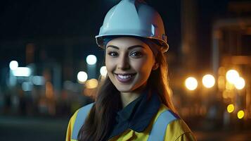 en Lycklig ung kvinna petrokemiska ingenjör arbetssätt på natt inuti olja och gas raffinaderi växt fabrik. generativ ai foto