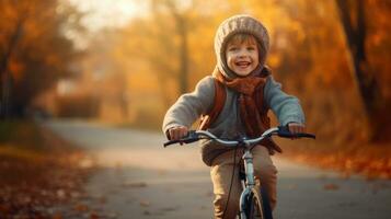 en glad barn pojke ridning en cykel för de först tid. generativ ai foto