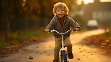 en glad barn pojke ridning en cykel för de först tid. generativ ai foto