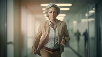 vd eller chef verkställande officer, en mogna kvinna löpning en företag som chef i de kontor. generativ ai foto