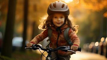 en söt liten flicka i cykel hjälm har roligt förbi ridning cykel. söt unge i säkerhet hjälm cykling utomhus. generativ ai foto