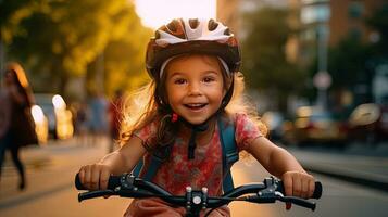 en söt liten flicka i cykel hjälm har roligt förbi ridning cykel. söt unge i säkerhet hjälm cykling utomhus. generativ ai foto