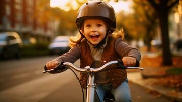 en söt liten flicka i cykel hjälm har roligt förbi ridning cykel. söt unge i säkerhet hjälm cykling utomhus. generativ ai foto