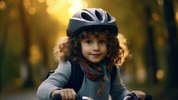 en söt liten flicka i cykel hjälm har roligt förbi ridning cykel. söt unge i säkerhet hjälm cykling utomhus. generativ ai foto