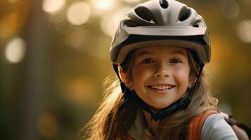 Lycklig porträtt av en ung flicka med en cykel hjälm på spelar utanför. generativ ai foto