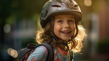 Lycklig porträtt av en ung flicka med en cykel hjälm på spelar utanför. generativ ai foto