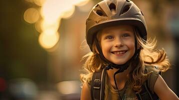 Lycklig porträtt av en ung flicka med en cykel hjälm på spelar utanför. generativ ai foto