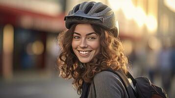 Lycklig kvinna bär cykel hjälm med cykel på gata. generativ ai foto