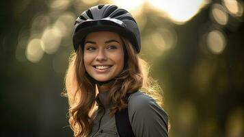 Lycklig ung kvinna bär cykel hjälm i parkera. generativ ai foto