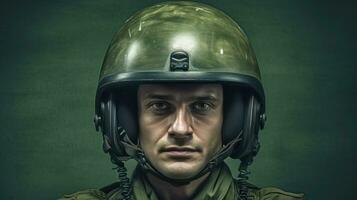 en manlig bär grön militär hjälm. generativ ai foto