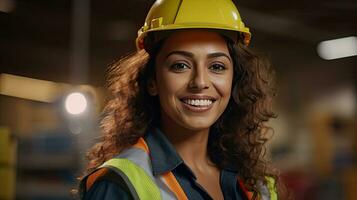 porträtt av leende kvinna ingenjör på webbplats bär säkerhet hjälm, hög vis väst och ppe. säkerhet först begrepp begrepp. generativ ai foto