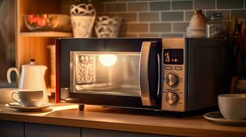 modern mikrovågsugn i hus kök. generativ ai foto
