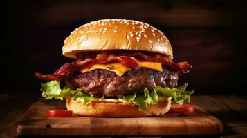 bacon burger med nötkött bulle på röd trä- tabell. generativ ai foto