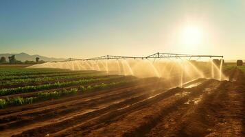 jordbruks bevattning systemet, automatiserad lantbruk systemet med stor bevattning sprinklers besprutning vatten över i potatis fält. generativ ai foto