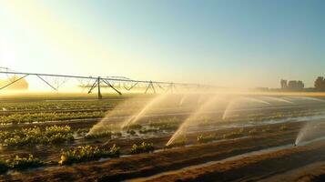 jordbruks bevattning systemet, automatiserad lantbruk systemet med stor bevattning sprinklers besprutning vatten över i potatis fält. generativ ai foto