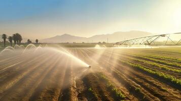 jordbruks bevattning systemet, automatiserad lantbruk systemet med stor bevattning sprinklers besprutning vatten över i potatis fält. generativ ai foto