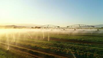jordbruks bevattning systemet, automatiserad lantbruk systemet med stor bevattning sprinklers besprutning vatten över i potatis fält. generativ ai foto