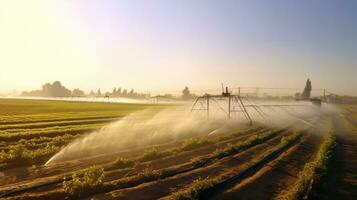 jordbruks bevattning systemet, automatiserad lantbruk systemet med stor bevattning sprinklers besprutning vatten över i potatis fält. generativ ai foto