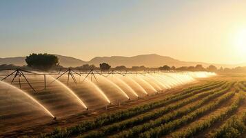 jordbruks bevattning systemet, automatiserad lantbruk systemet med stor bevattning sprinklers besprutning vatten över i potatis fält. generativ ai foto