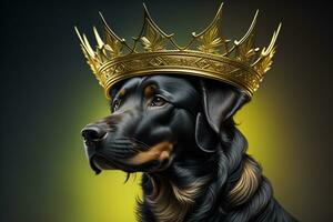 porträtt av en söt hund i en gyllene krona på en fast Färg bakgrund. ai generativ foto