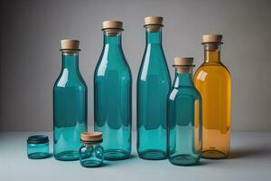 en rad av glas flaskor med färgad flytande. ai generativ foto