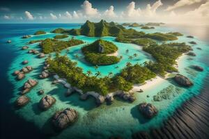 tropisk ö med handflatan träd och sand strand. ai generativ foto