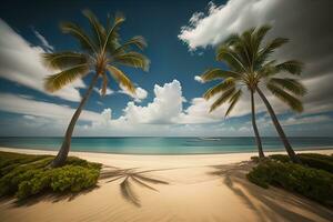 tropisk strand med handflatan träd och vit sand. ai generativ foto